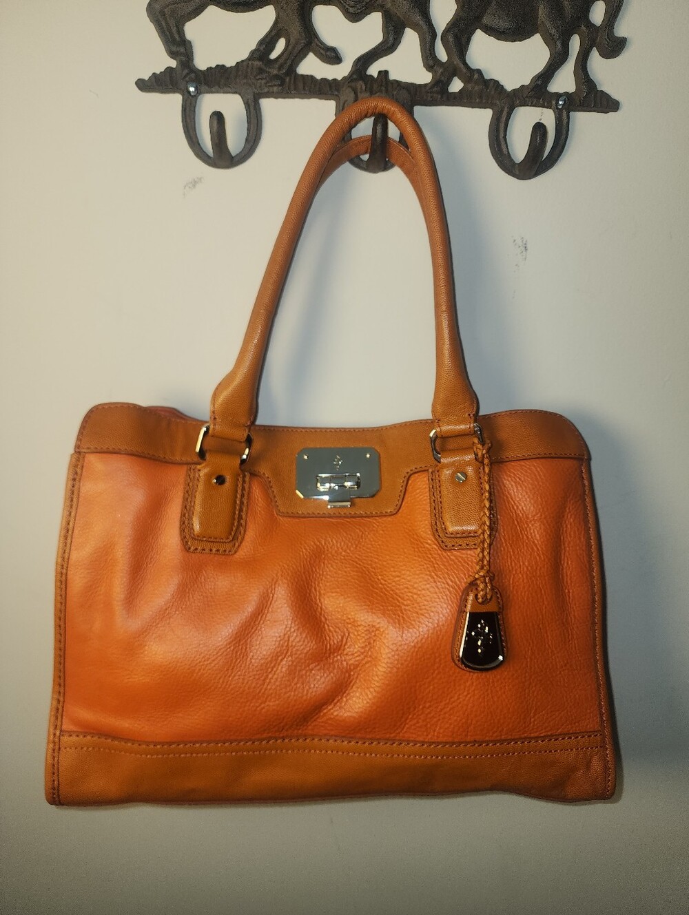 Cole Haan Burnt Orange Textured Leather Kendra Valise Tote Purse Caramel Trim
